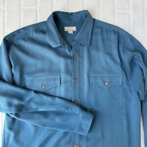 Tommy Bahama Blue 100% Silk Stripe Wooden Button Long Sleeve Shirt sz  M